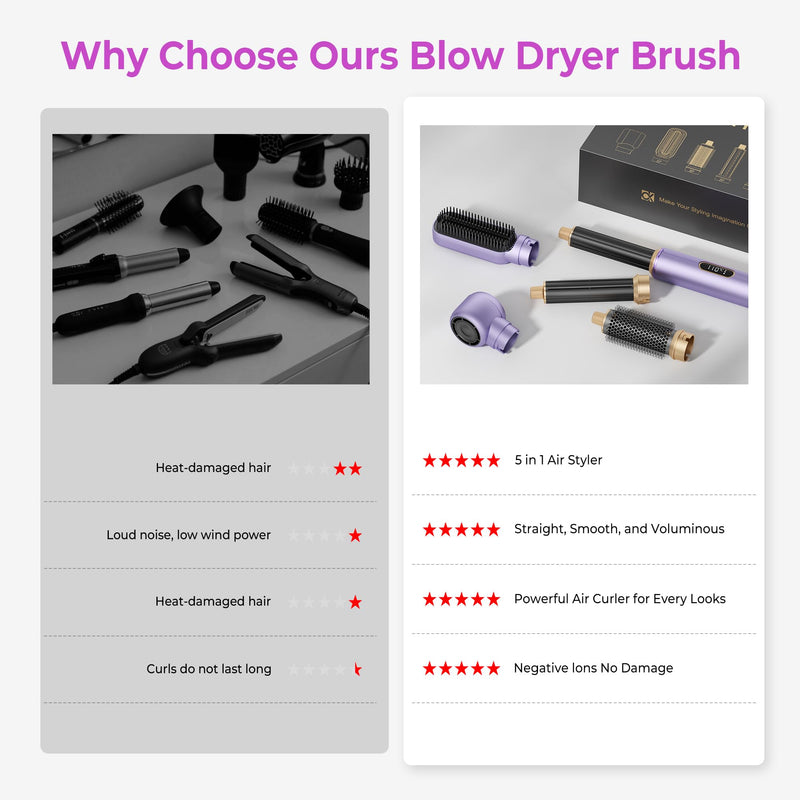 UMIGA All-in-One Hot Air Styler, Hair Air Styler 5 in 1 Set, Multi-Styler | Airbrush - Blow Dryer Brush Set with Curler, Straighten, Wavy, Smooth, Magic Styler for Travel and Home Hair Styling Purple