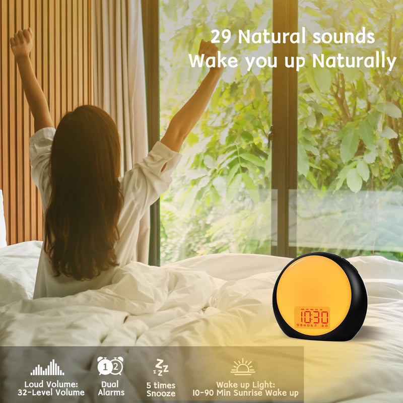 Sunrise Alarm Clock Wake Up Light for Kids Heavy Sleepers Bedroom with Sunrise Sunset Simulation Sleep Aid Dual Alarms Snooze Nightlight Brown Noise sound machine with 25 Nature sounds for Sleeping Black