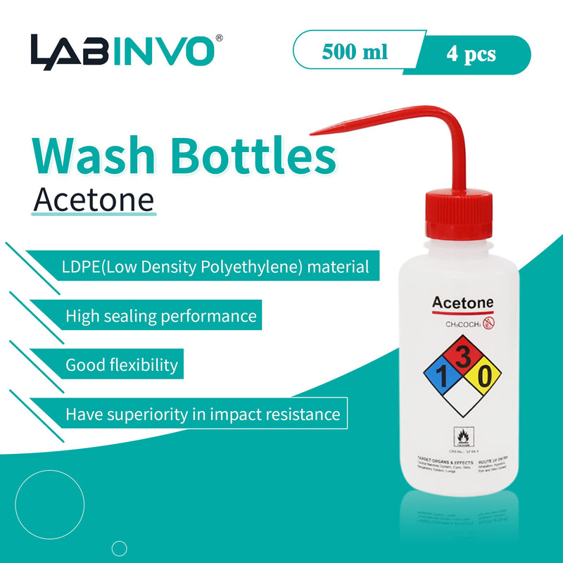 4pcs of Acetone Wash Bottles, Vol.500ml (17oz), Narrow Mouth, Self-Venting Safety Wash Bottles, LDPE Material, IN-WBA500