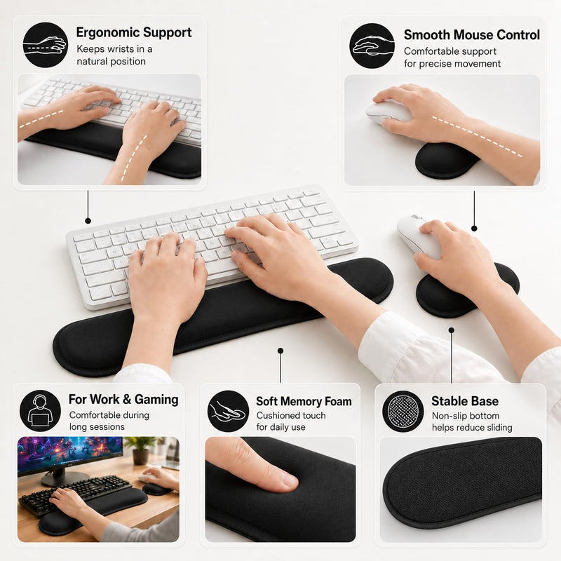 2 Piece Wrist Rest Set, Enlarge Silky Superfine Fabric Gel Keyboard Mouse Pad for Typing Pain Relief, Ergonomic Soft Memory Foam Hand Rests for Office Gaming Computer Laptop Workstation, Black