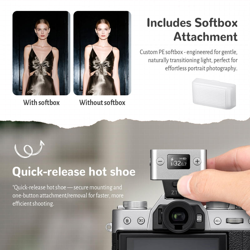 ZENIKO ZT-08F Mini On-Camera TTL Flash for Fujifilm Cameras – Ultra-Compact, Portable, Professional TTL Auto Flash with Fast Recycle(Silver)
