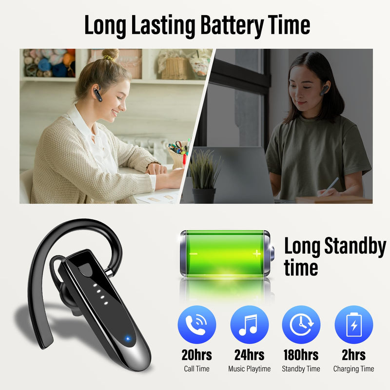 Atheewon Bluetooth Earpiece, Wireless Handsfree with Noise Cancelling Mic, 20Hrs Call Time Bluetooth 5.4 Headset, 180 Hrs Standby Time Headset for Business/Trucker/Driver Glossy Black