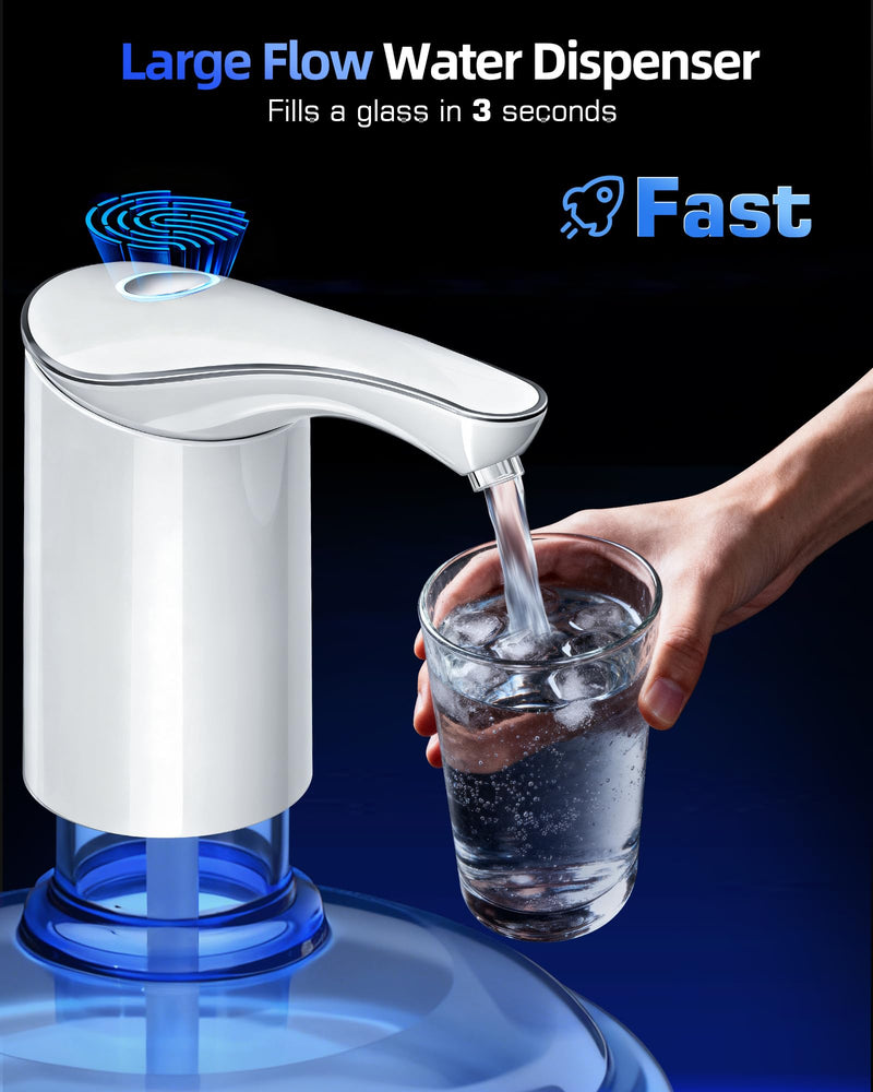Highest Output | Whisper Quiet-Electric Water Pump for 5 Gallon Jug | World Cup Viewing Essential | USB-C Rechargeable | Automatic Portable Dispenser | Perfect for Home, Office, Camping White