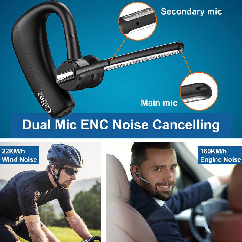 Callez Bluetooth Headset for iPhone Android Cell Phone Trucker Office Work | Bluetooth Earpiece V5.0 with CVC8.0 Dual Mic Noise Cancelling, Mute/Volume Buttons, Hands-Free Wireless Headset for Business Black