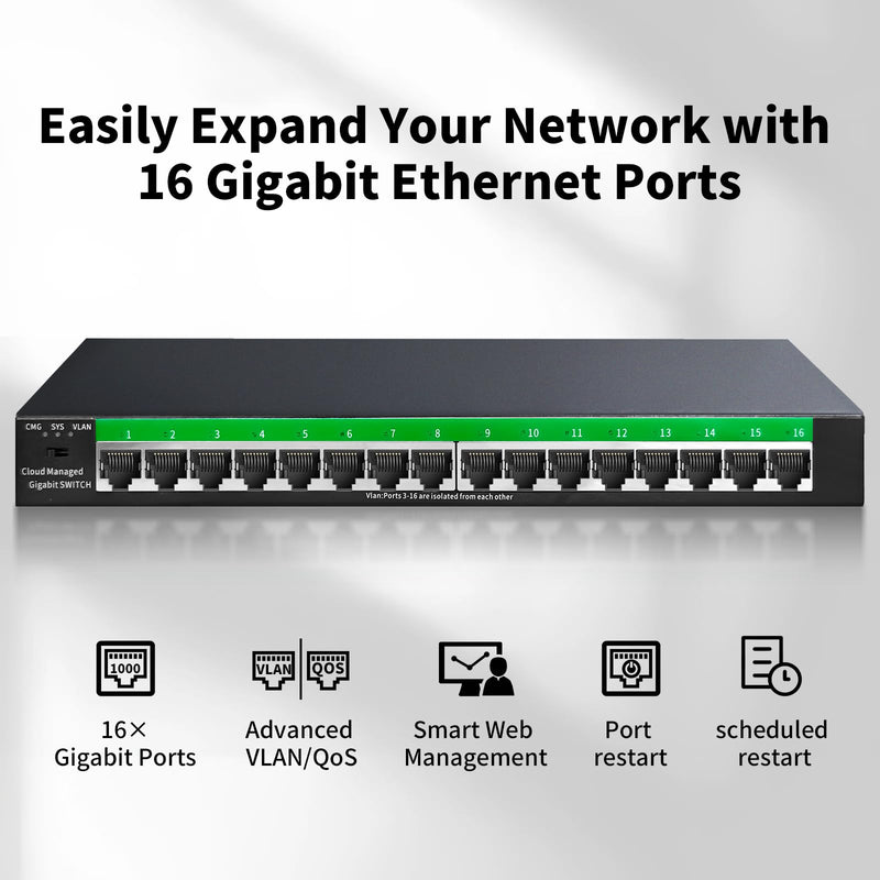 STEAMEMO 16-Port Gigabit Ethernet Switch | Smart Managed with VLAN & QoS | Plug & Play Desktop/Wall Mount Network Switch | Metal Enterprise Switch(Includes Power Adapter) 16 ports |Easy Managed