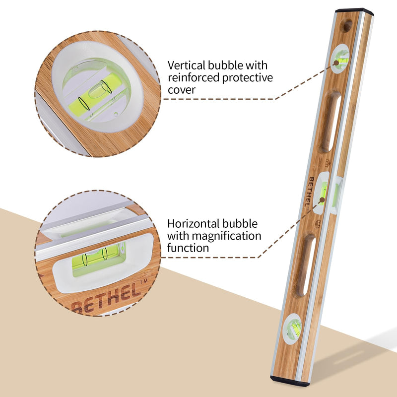 BETHEL 24-inch Bamboo Level, Mortar Adhesion Resistant Light Level, with Double Curved Acrylic Leveling Tubes for Masonry Applications and General Leveling
