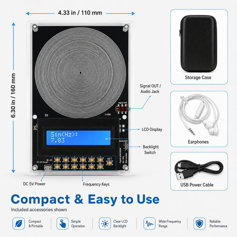 Frequency Generator for Healing 7.83hz Schumann Resonance Generator, Adjustable with Ultra-Soft Acoustic Earphones & Storage Case for Relaxation, Meditation, Focus