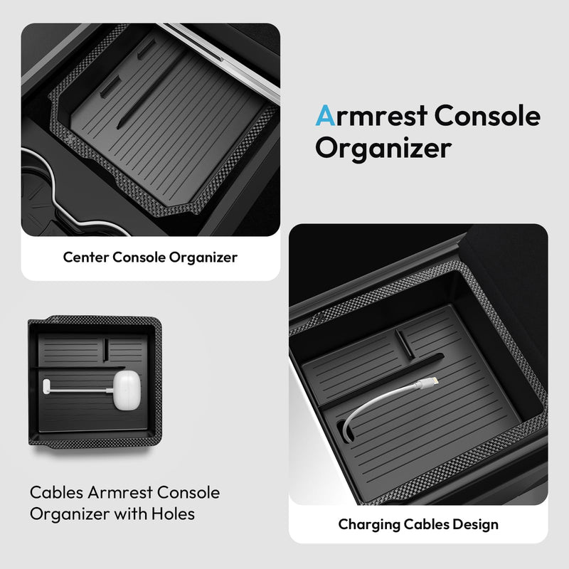 Upgraded Tesla Model Y Juniper Accessories 2026-2025 Center Console Organizer Tray 5PCS for Tesla Model 3 Accessories 2025 Highland, Hidden Storage Box, Cup Holder & Armrest Drawer Organizer BLACK
