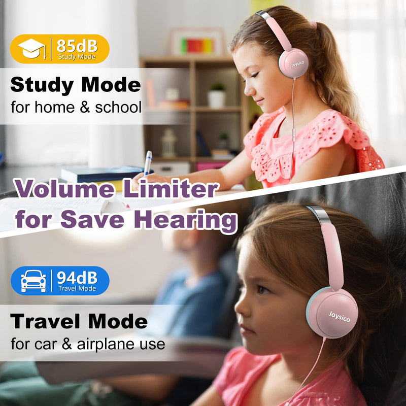 Kids Headphones with Cord and Mic for School Class Airplane Travel, Pink | 85/94dB Volume Limit, Wired Durable Comfortable On Ear Earphones, Headset for iPad Tablet Kindle Laptop PC, Boys Girls Teens