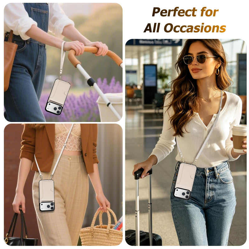 LOHASIC for iPhone 17 Pro Max Wallet Case with Strap, Card Holder, Beige | 4 Card Slots & Cash Slot, Crossbody Strap Removable, Wrist Strap, RFID Blocking, Kickstand, Vegan Leather Phone Case