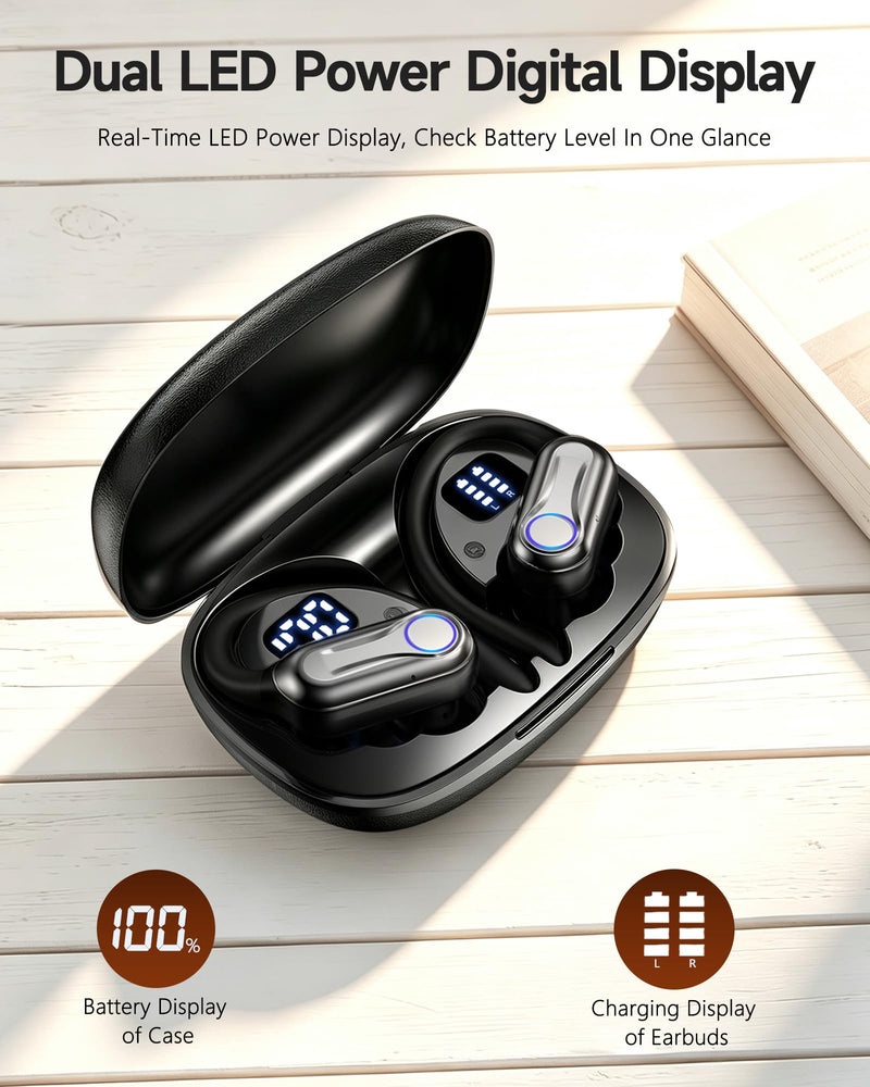 Wireless Earbuds, Bluetooth Headphones 6.1, 90H Playtime Ear Buds with Hooks for Sports, Dual LED Display Earphones IPX7 Waterproof for Gym/Runing/Workout deep black