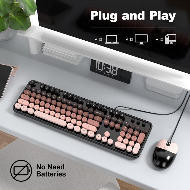 MOFII Wired Keyboard and Mouse Combo, Full-Size Retro Round Keycaps Keyboard with Number Pad, Cute Cat Shape Mouse for Windows 7/8/10/11, Laptop, Desktop, PC, Computer Mocha Gradient