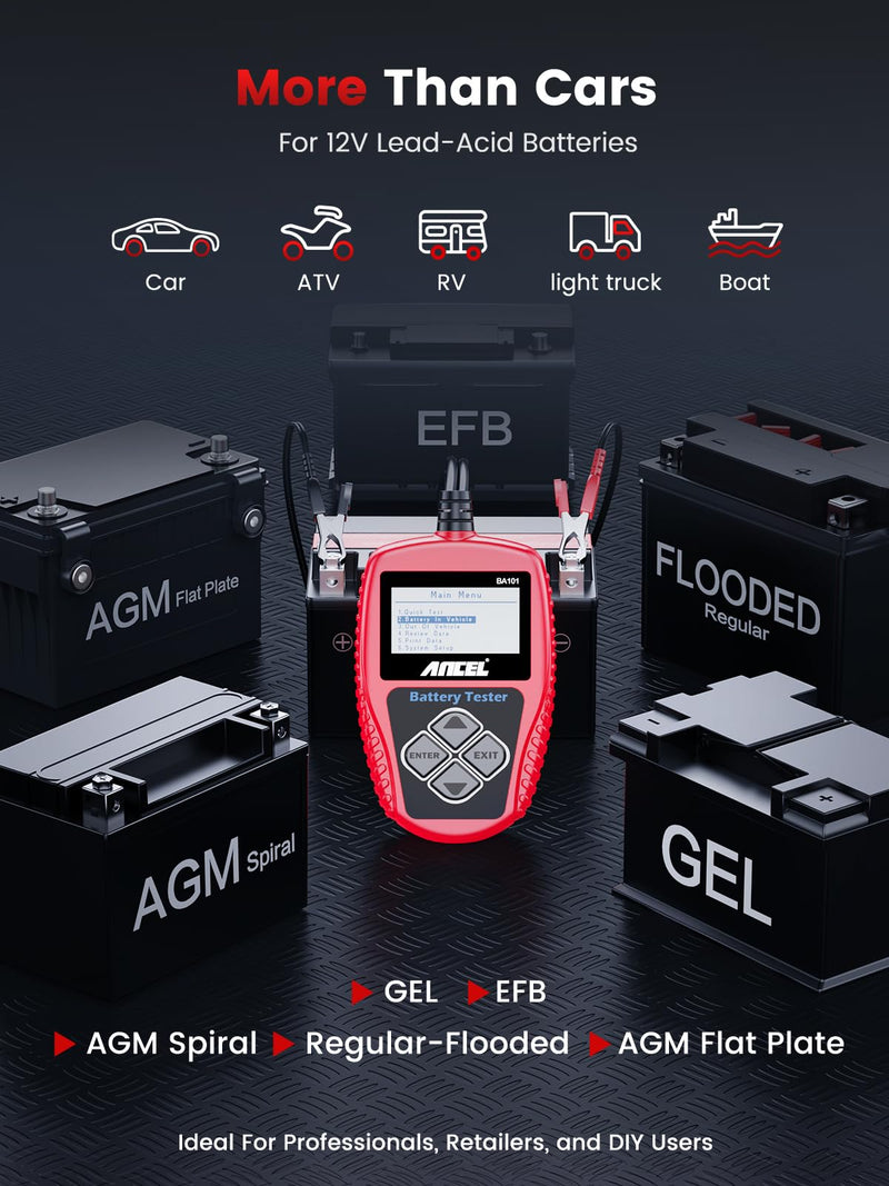ANCEL BA101 Car Battery Tester, 12V Digital Automotive Alternator Meter Diagnostic Tool,100-2000 CCA Load Capacity, Charging & Cranking Analyzer for Truck, Boat, RV, Marine Vehicle, and More