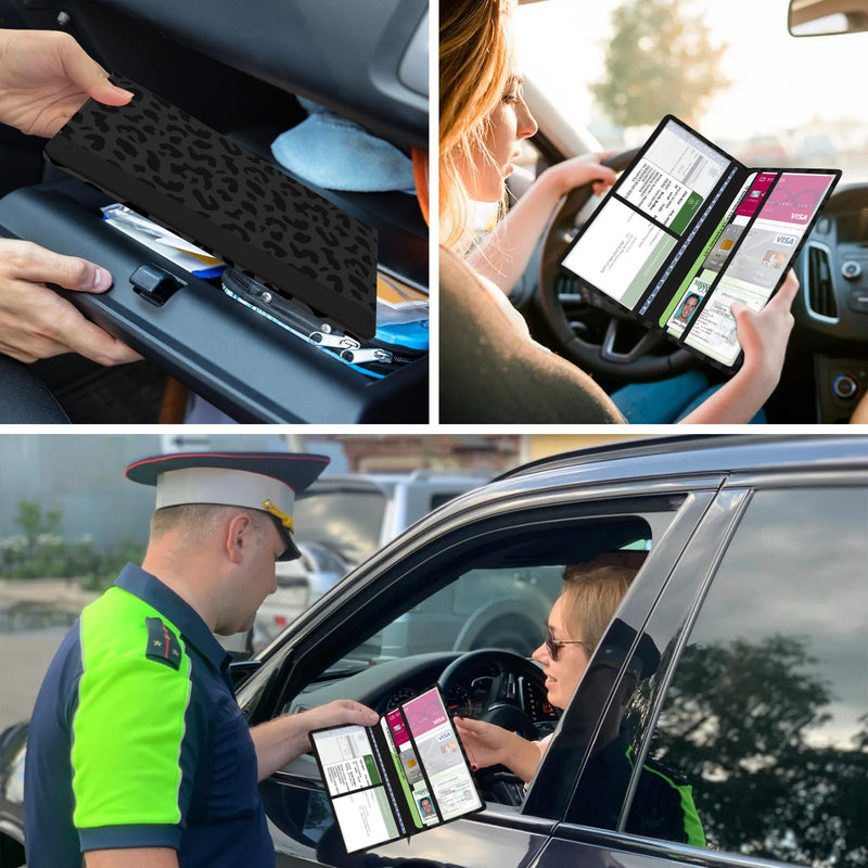 Car Registration and Insurance Holder, with Magnetic Closure for License, Cards and Documents, All Vehicle Needs and Car Accessories (Leopard-Black) Leopard-Black