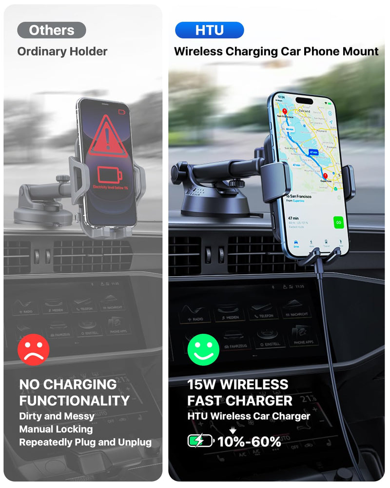 Wireless Car Charger, 15W Auto Clamping Car Charger Dash Windshield Air Vent Phone Holder Compatible with iPhone 17 16 15 14/13/13 Pro/12 pro/12/11/X/8, Samsung S25/S24/S23/S22,etc (Black) Black