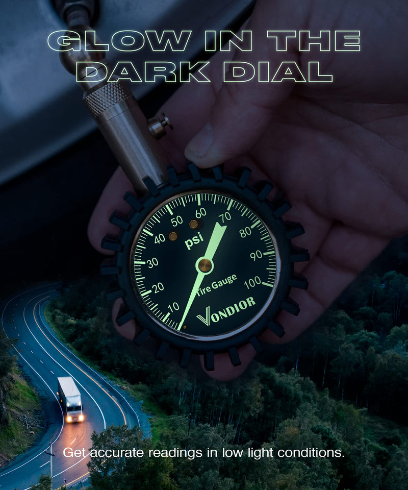 Vondior Tire Pressure Gauge (0-100 PSI) Certified ANSI Accurate with Large 2 Inch Easy to Read Glow Dial, Low - High Air Pressure Gauge. Tire Gauge for Car and Trucks Tires 0-100 PSI Tire Gauge w/o Hose