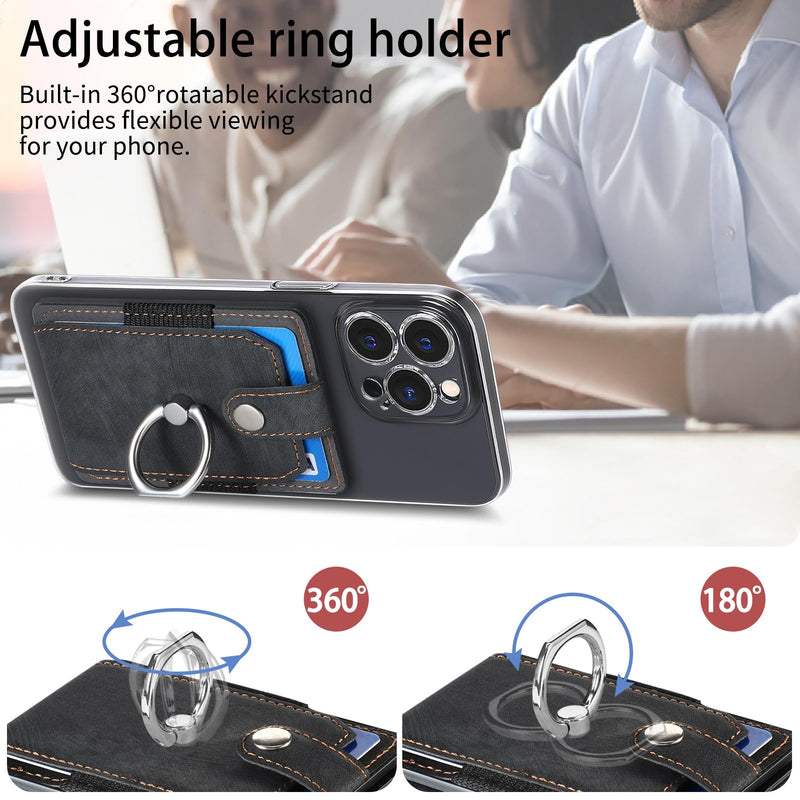 Adhesive Phone Card Holder Wallet with 360° Ring Stand-Black ﻿ | Black stick-on card pouch holds up to 3 daily cards with snap closure, ring grip and kickstand for smooth flat phone backs