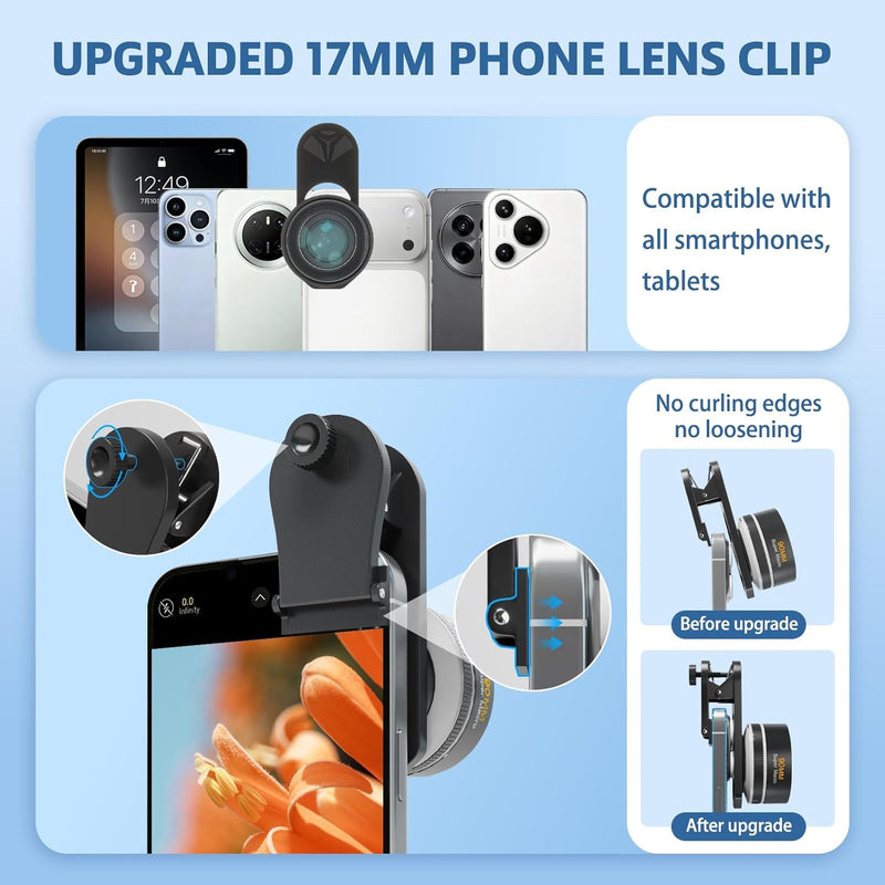 90mm Macro Lens for Smartphone, 10X Phone Lens for iPhone & Android | Clip-on Macro Lens Kit, F1.05 Aperture, 90mm Working Distance, 6-Element Glass, AR+AF Coating, Aluminum Housing Blue