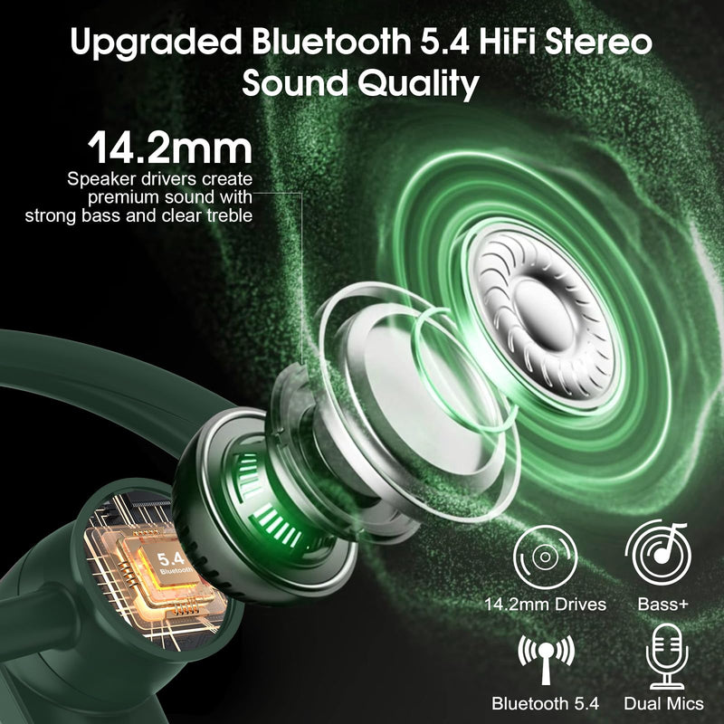 Atheewon Bluetooth Headset, Wireless Bluetooth Earpiece with ENC Noise Canceling Mic, 120Hrs Talk Single-Ear Headphones, LED Display, IPX7, V5.4 Hand-Free Earphone for Business/Trucker/Driver (Green)