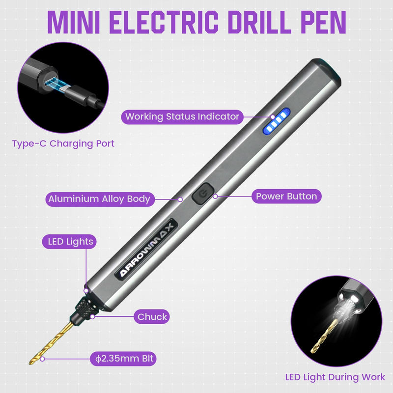 AM ARROWMAX Mini Electric Drill Pen, 13 in 1 with Aluminium case, Rechargeable, 900 RPM, Needle Vise Hand Drill Kit, 10 HSS Bits, DIY, Wood, Jewelry Making (SDS MINI) SDS MINI