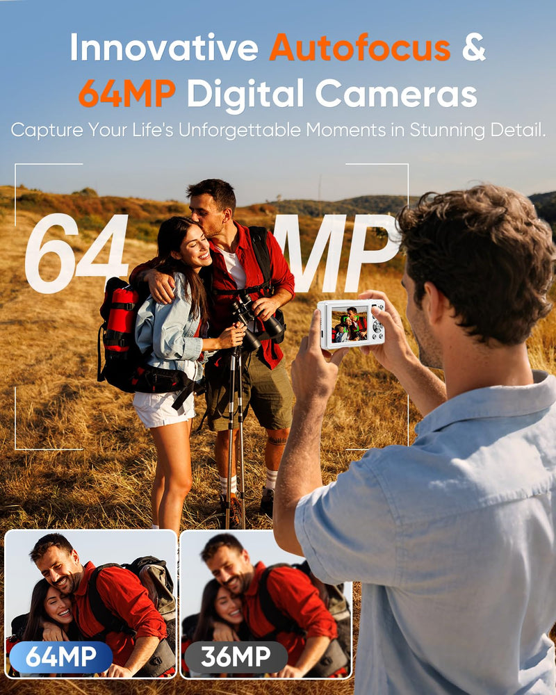 Digital Camera, 4K 64MP Autofocus 16X Zoom Camera with Dual Lens(White) | 2026 Latest Anti-Shake Point Shoot Camera, Compact Travel Vlogging Camera for Teens Adults Beginner, 32GB Card, 2 Batteries White