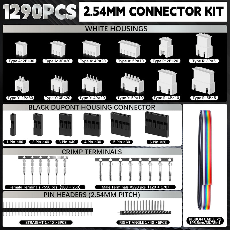 SN-2549 Dupont Crimper, 1290PCS 2.54mm Dupont Connector Kit with Ratcheting Open Barrel Terminal Crimping Tool, 28-18 AWG, White & Black Housings, Male Female Terminals, Headers & Ribbon Cable