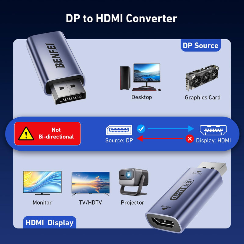 BENFEI DisplayPort 1.4 to HDMI 2.1 Adapter 8K@60Hz/4K@240Hz/1080P@480Hz, Unidirectional DP Computer to HDMI Monitor, High-Spec Aluminum Converter for Gaming Monitor, TV, AMD, NVIDIA