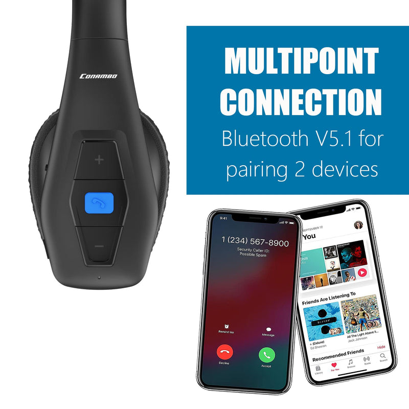 Conambo Trucker Bluetooth Headset – 60Hrs Worktime Trucker headset with CVC8.0 Dual Mic Noise Cancelling, Mute Button, Upgraded Comfort and Durability Wireless Headphones for Drivers, Work, Phone Call