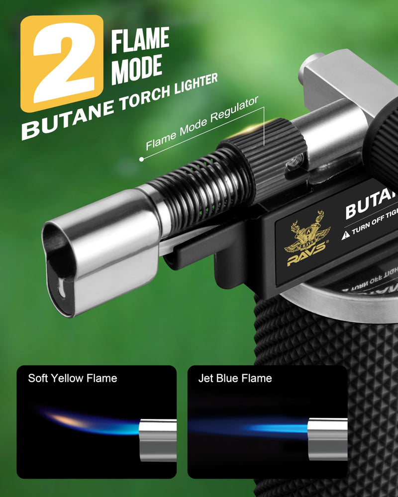 RAVS Butane Torch Lighter, DUAL Flame Mode Kitchen Torch, Refillable Cooking Torch Gun, Creme Brulee Torch Lighter, Blow Torch for Cooking, Welding, Mini Torch Soldering Torch, Butane is Not Included Black