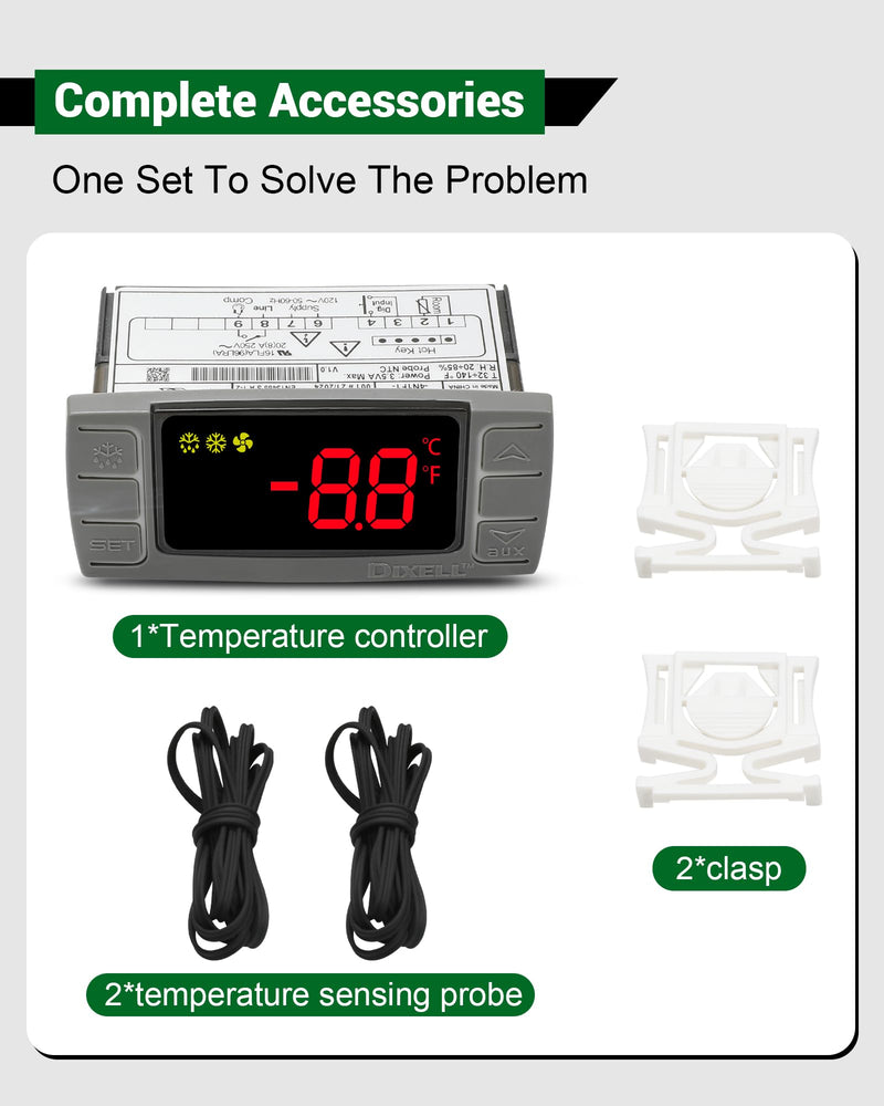 for Dixell XR02CX-4N1F1 Temperature Controller, Replace for Dixell Temperature Controller Fit for 120V 50-60hz Commercial Refrigerators/Freezer, with Temperature Sensor Probes & Clasp