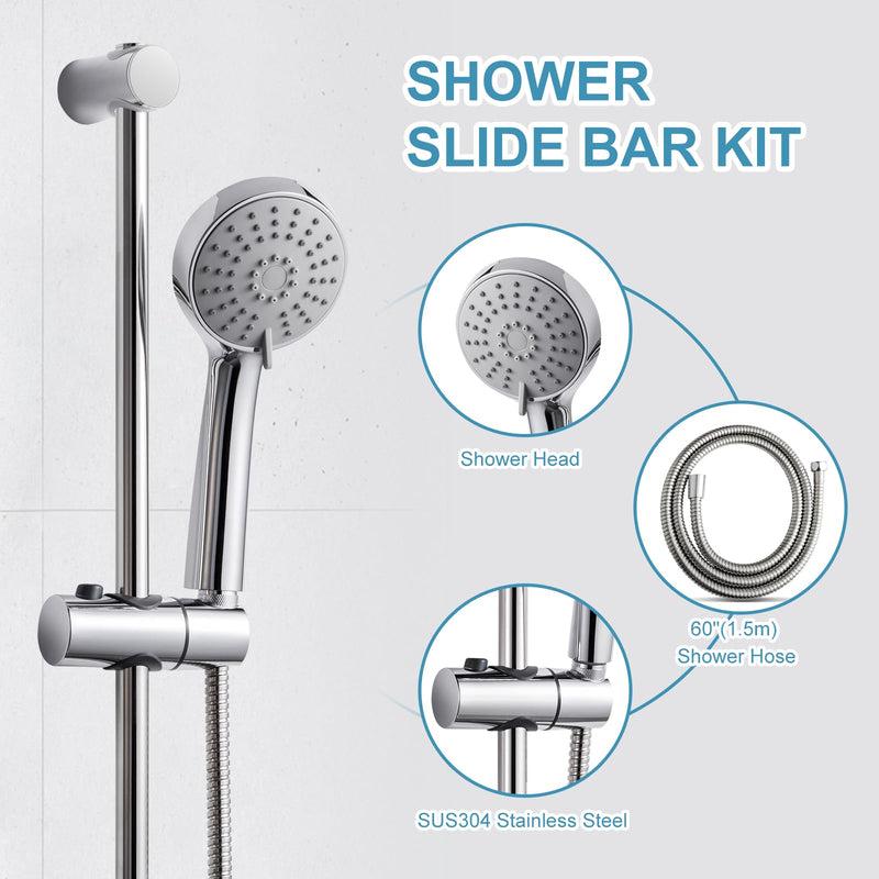 OFFO Shower Slide Bar Combo, Adjustable 21 in Slide Bar with 3-Mode Round Handheld Shower Head and 60 in Stainless Steel Hose, Screw Wall Mounted, Chrome Finish Round 21" Slide Bar & 60" Hose