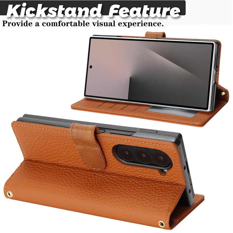 Genuine Leather Case for Galaxy Z Fold6 Wallet Case for Samsung Galaxy Z Fold 6 5G Magnetic Flip Cover Book Purse Card Holder Kickstand Shockproof Phone Cover-Brown Brown