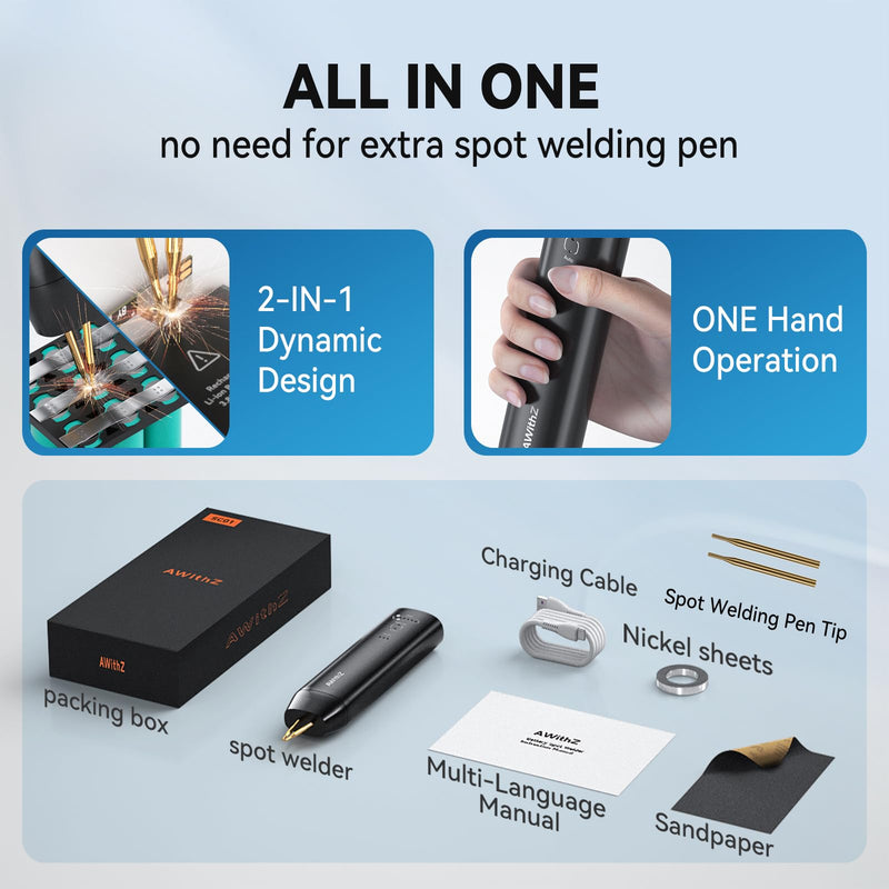 Battery Spot Welder, 11 Gear Adjustable Double-ended Replaceable Pen Tip Spot Welder, Automatic and Manual Modes, Welding Plated Nickel Sheets for DIY 18650 Battery (Black-Upgrade)