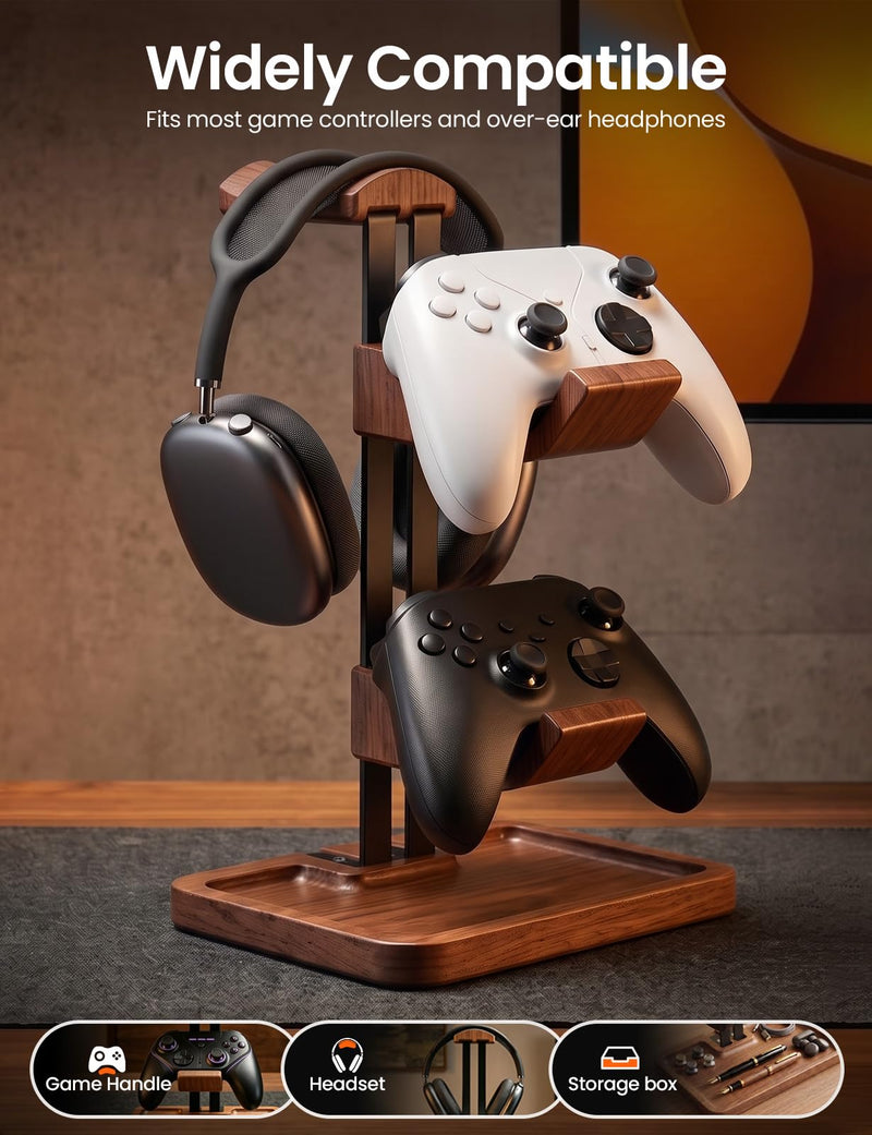 LOXP Walnut Headphone and Controller Stand, 2-in-1 Holder with Storage | Solid Wood Gaming Headphone Stand, Built-in Storage, Non-Slip, Fits Xbox PS5 Switch Controllers, Desktop Organizer for Gamers