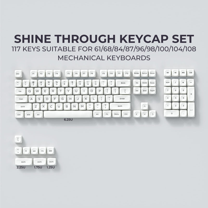 Shine Through Keycaps,White MOA Profile PBT Keycaps 117-Key For MX Switches
