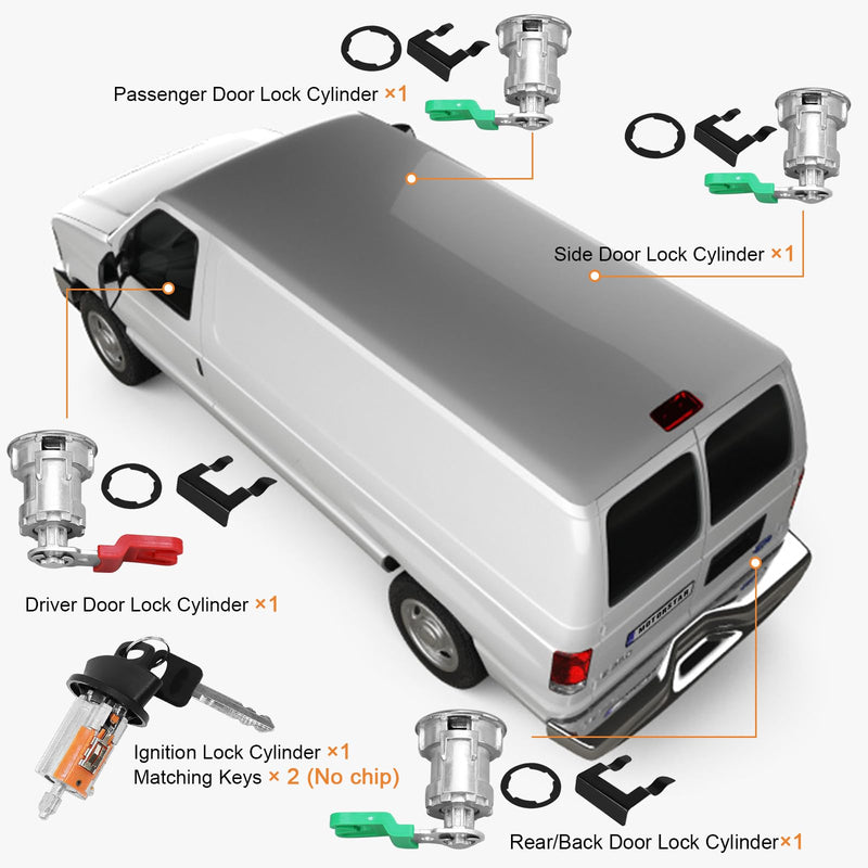 For 1997-2006 Ford Econoline, E-150 E-250 E-350 Vans Ignition Switch Lock Cylinder +4 Chrome Door Lock Cylinder Tumbler Set With 4 Clips With 2 Keys LC6177+703369 X4+597638 X2 (No Chip) LC6177+703369 X4+597638 X2 (No Chip)