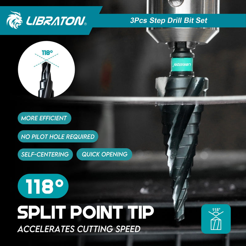 LIBRATON Four Spiral Flute Step Drill Bit, M35 Cobalt Unibit Step Drill Bit Set 1/8"-7/8", AlTiN Coated Step Bits, Four Spiral Flute, 1/4" Hex Shank for Metal, Stainless Steel, Aluminum, Plastic, 3PCS 1/8" - 7/8" (3pcs Set)