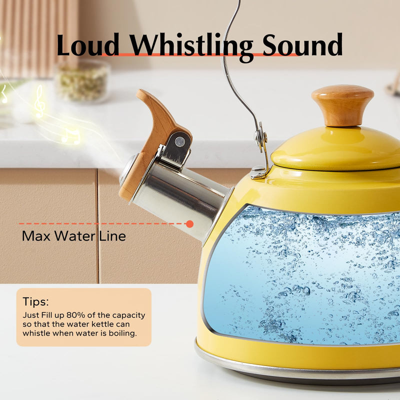 ROCKURWOK Tea Kettle, Tea Pot with Cool Touch Ergonomic Handle, Teapot Food Grade Stainless Steel, Tea Kettle Stovetop, Kettle Teapot, Whistling Tea Kettle, Small Tea Kettles, 1.6 Quart (Yellow) Yellow(1.6QT) 1.6 Quarts