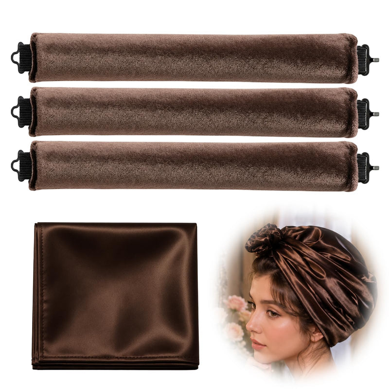 4 Pcs Heatless Hair Curlers, 3 Velvet Hair Rollers with Satin Scarf Styling Tools, Hair Curlers to Sleep Overnight Blowout Rods for Long Short Hair Volume Women - Brown Borwn & Headscarf