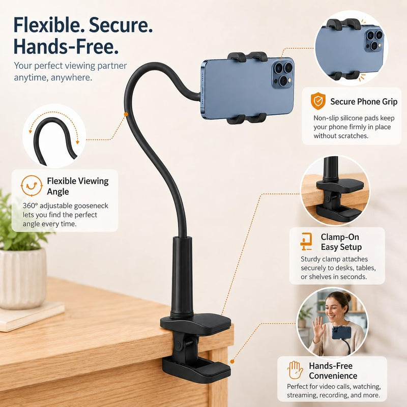 Flexible Phone Holder for Bed, Clip Gooseneck Phone Holder for Desk, 360 Degree Rotation Cellphone Stand, Universal Bracket, Tablet Stand Holder, Black