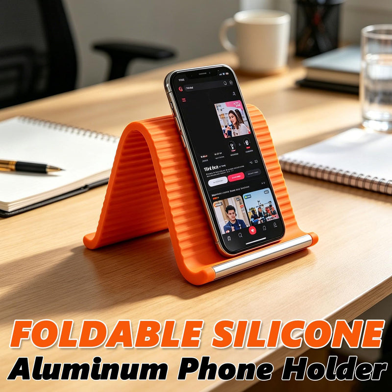 Portable Foldable Silicone Aluminum Phone Holder, 2026 New Flexible Silicone Aluminum Phone Holder, Folded into Any Shape, Universal Adjustable Anti-Slip Desktop Mount for Home Office Travel (Orange) Orange
