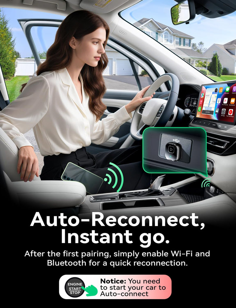 Wireless Carplay & Android Auto Adapter, Metal Design Mini & Stable 2-in-1 Dongle, Convert Vehicle's Wired CarPlay/Android Auto to Wireless, for iOS 10+/Android 11+ & Cars from 2016 Glossy Black