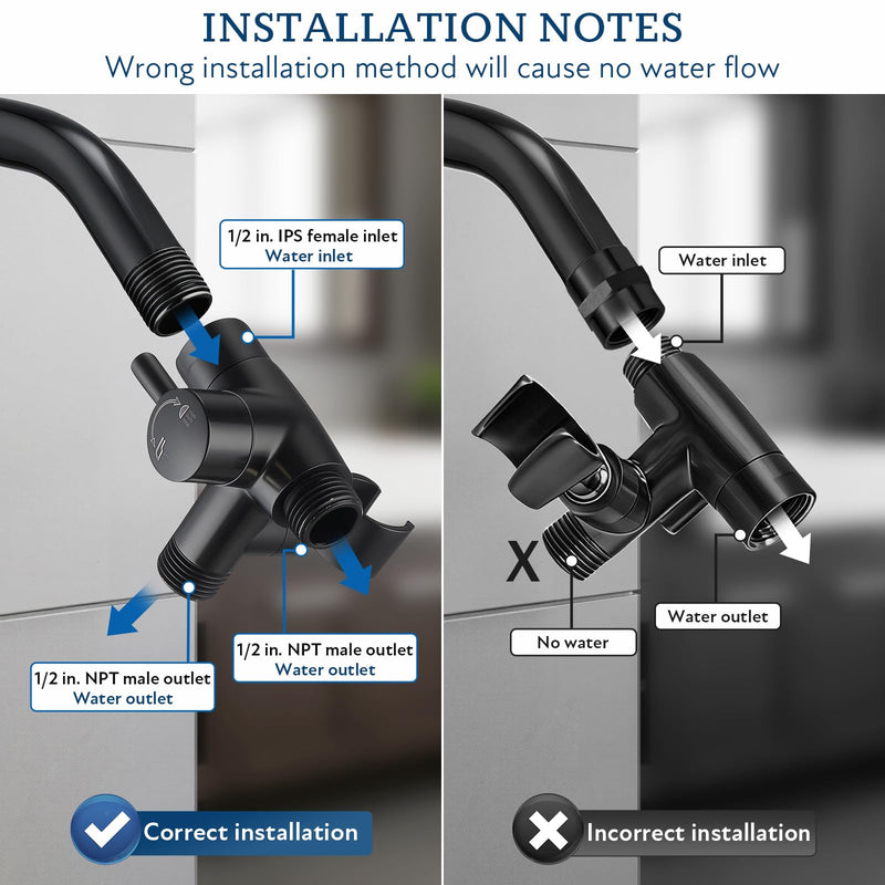 G-Promise Solid Metal Shower Arm Diverter with Holder for Hand Held Showerhead and Fixed Spray Head, G 1/2 3-Way Bathroom Universal Diverter System Replacement Part (Matte Black) Matte Black