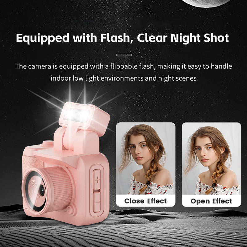 Mini Digital Camera, Keychina Camera with 1080P HD Video Recorder, 1.44" Display Screen Micro Camera with 32G Card, Flippable Flash, Muliple Filers Pink