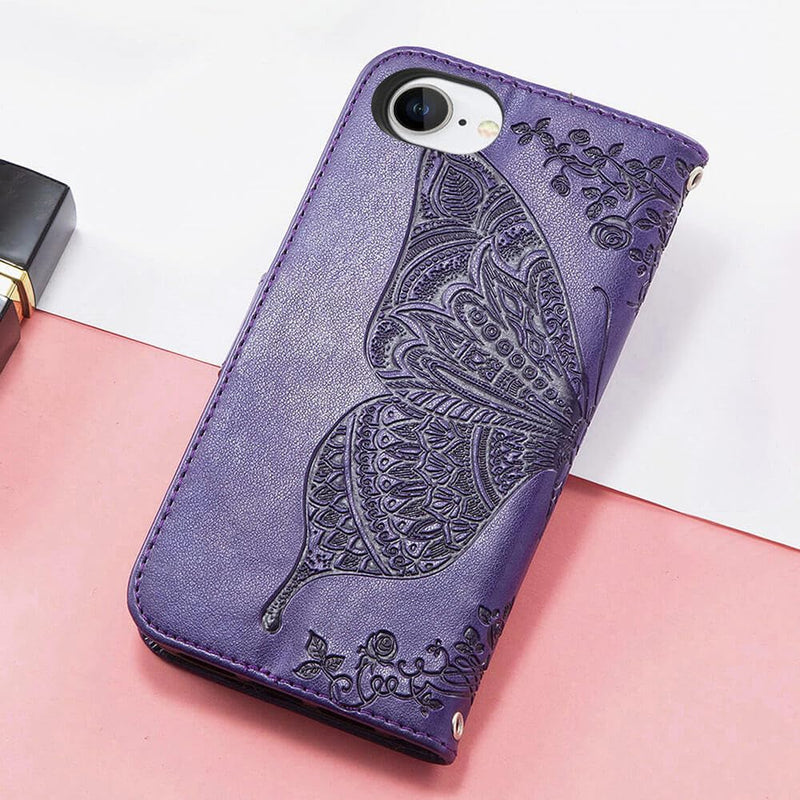 for iPhone 17e Wallet Case for Women,Butterfly Flip Cover,Purple | Embossed PU Leather, Stand, Card Holder Slots, Wrist Strap,Protective Phone Purse 6.1" Purple