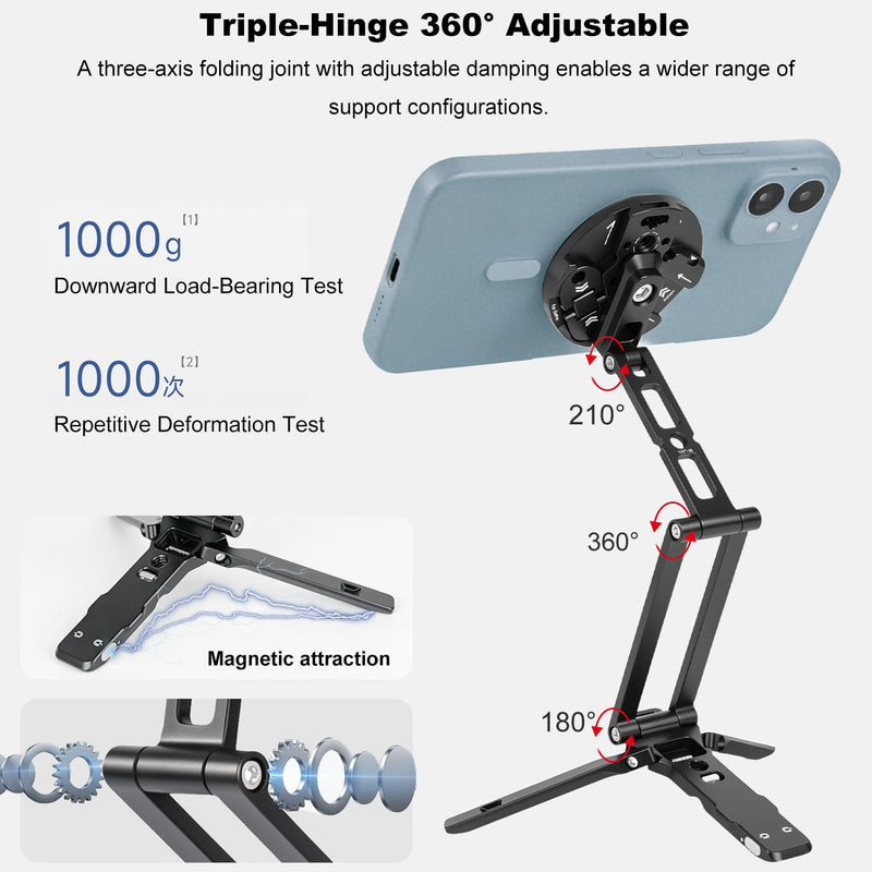 Koolehaoda Magnetic Phone Tripod for MagSafe Foldable Pocket Camera Stand | Aluminum Mini Tripod with Detachable N52 Magnetic Disc Featuring Cold Shoe and Action Camera Mount for Travel Vlog