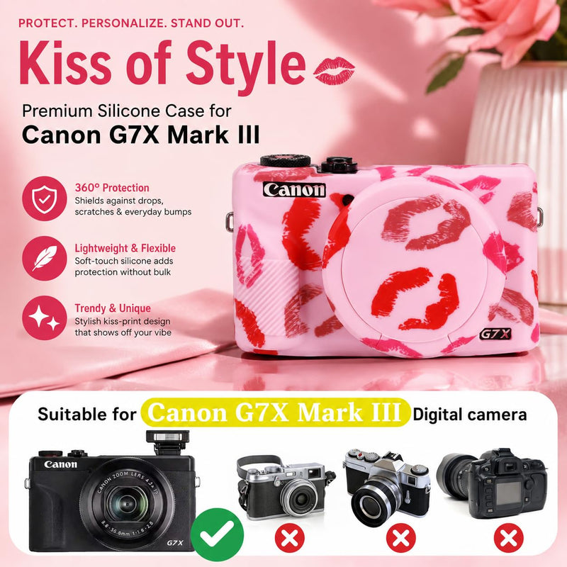Cute Camera Case for Canon G7X Mark III,Silicone Protective Cover with Removable Lens Cap,Bracelet Wrist Strap & 2 Pack Tempered Glass Screen Protector for Women (Pink Lips) Pink Lips