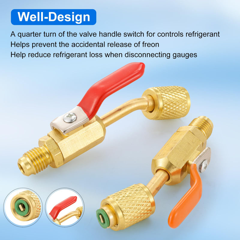 AC Refrigerant Angled Compact Ball Valve Set, 10pcs Air Conditioning Refrigerant Ball Valve 1/4 with R410A Mini Split Adapters 5/16" Female to 1/4" Male, Low Loss Fittings HVAC Tools 4 Ball Valve + 6PC R410A Adapter