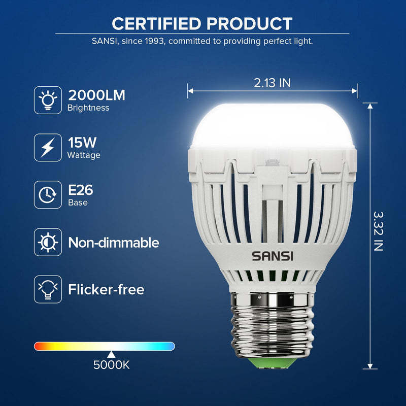 SANSI 130W Equivalent A15 LED Light Bulb, 2000 Lumens 5000K Daylight White Bulb, Energy Saving 25,000 Hours Lifespan Non-Dimmable 15W LED Bulb for Home Lighting, 4-Pack
