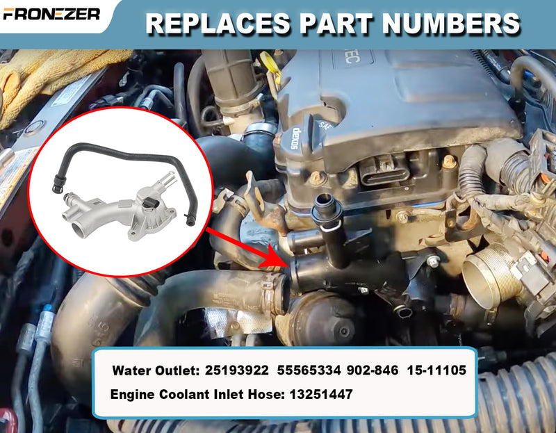 Aluminum Engine Coolant Thermostat Housing Water Outlet Kit with Coolant Reservoir Inlet Hose Compatible with 2011-2021 Chevy Cruze Sonic Trax, Buick Encore 1.4L Replaces 25193922, 902-846, 13251447 Water Outlet & Inlet Hose